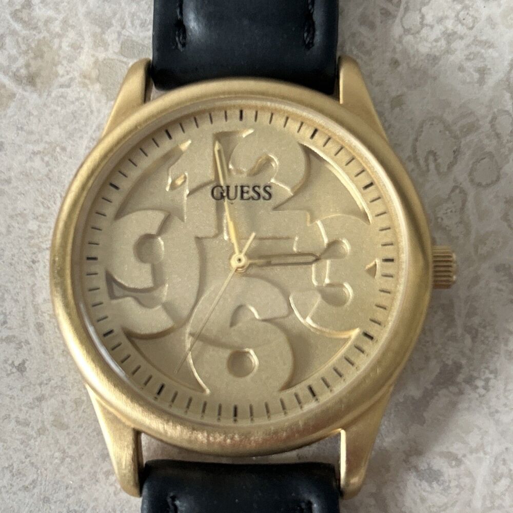 Vintage Guess Watch Gold 3D Numbers Womens New Battery Runs